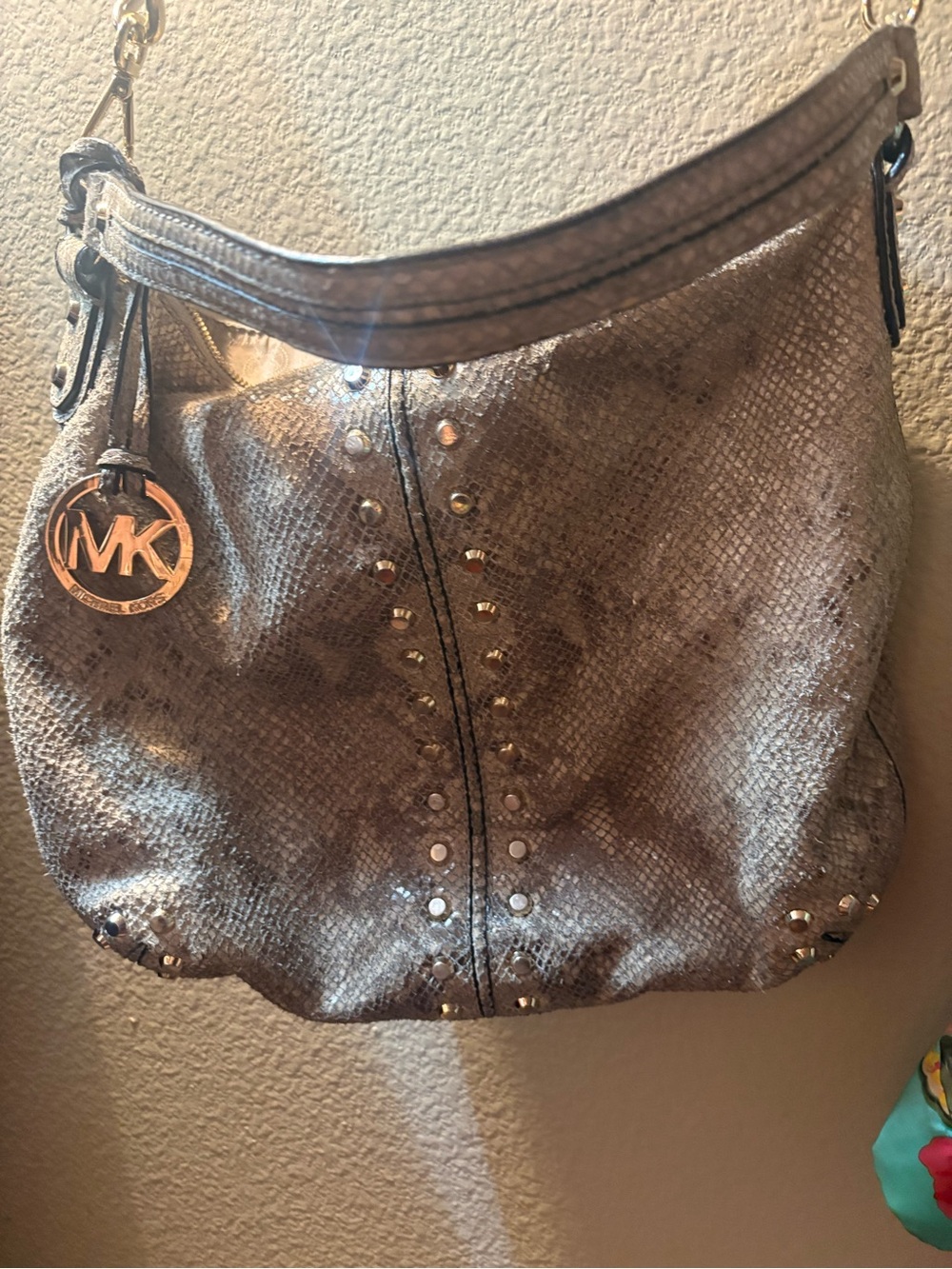 Michael Kors Metallic Bronze Textured Shoulder Bag with Logo Charm